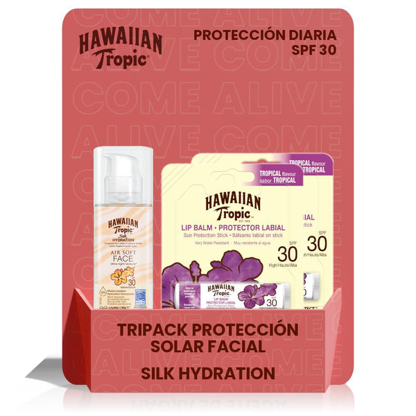 Tripack Loción Solar Protectora Silk Hydration Air Soft Face SPF 30 + 2 Lip Balms Tropical SPF 30 - 3 unidades